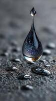 Close-up of a water droplet suspended above a textured surface glistening with reflections at dawn photo