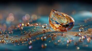 Sparkling jewel resting on a vibrant surface with reflections and droplets creating an enchanting atmosphere photo