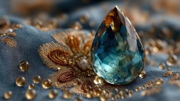 Beautiful teardrop-shaped gem crafted with stunning facets placed on an ornate textile with golden embroidery photo