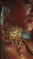Glistening elegance captured in a close-up of intricately detailed jewelry worn by a model in soft lighting photo