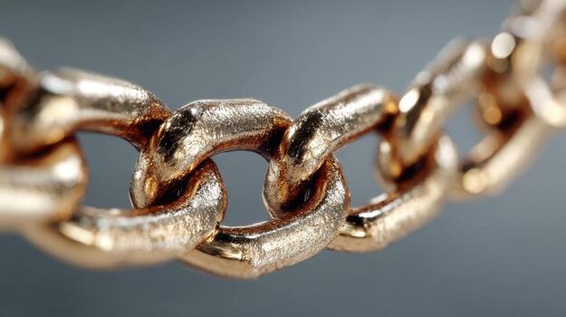 de cerca ver de un oro cadena demostración intrincado Enlaces y brillante superficie debajo suave Encendiendo foto