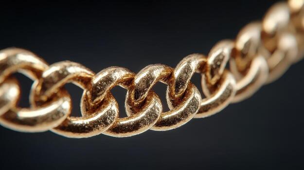 Gold chain close-up showcasing intricate links and shining texture under bright light in a dark background setting photo