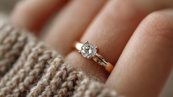 Glistening diamond engagement ring on finger with soft knitted fabric backdrop in intimate indoor setting photo