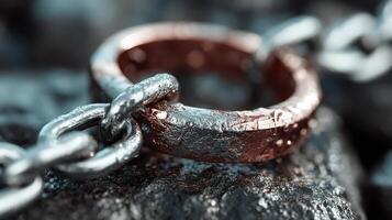Close-up view of metal chain links showcasing rust and texture in industrial setting photo