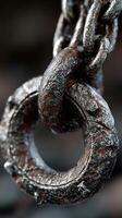 Close-up view of a rusty chain link reflecting age and durability in an industrial setting photo