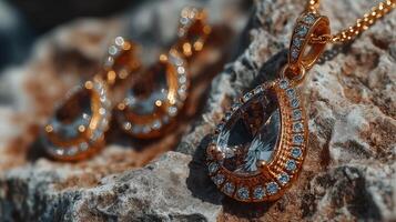 Elegant gold jewelry featuring a sparkling pendant and matching earrings displayed on a textured rock surface photo