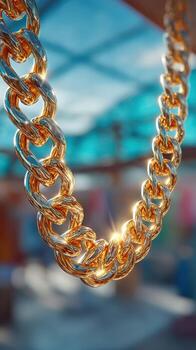 Luxurious gold chain displayed under bright sunlight, showcasing intricate links and polished shine in an outdoor setting photo