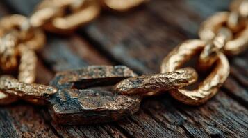 Close-up view of a tarnished gold chain on a rustic wooden surface highlighting texture and detail in the metalwork photo