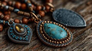 Elegant handcrafted turquoise jewelry displayed on rustic wooden surface showcasing intricate designs photo