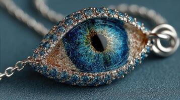 Intricate blue eye pendant crafted with detailed gemstones and silver chain showcased on vibrant background photo