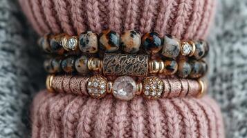 Colorful beaded bracelets displayed on a cozy knit sweater during a chilly season in a casual indoor setting photo