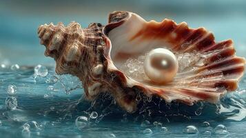 Beautiful shell with pearl resting on water surface reflecting light in a serene setting photo