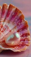 Delicate pearl resting in a colorful scallop shell with droplets at sunset photo