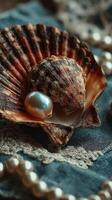 Natural pearl resting in a scallop shell on a textured fabric background with delicate lace and scattered pearls photo
