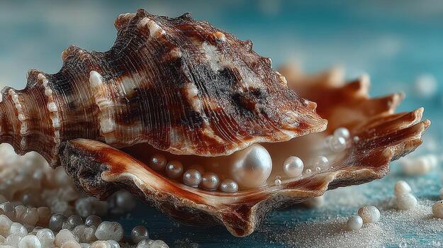 Close-up of a seashell with pearls resting on a vibrant surface in a tranquil setting photo