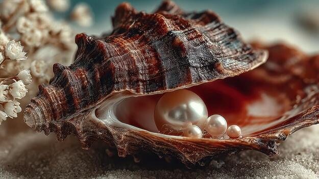 Beautiful pearl inside an open shell resting on sandy beach under soft sunlight photo