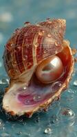 Close-up view of a beautiful shell with a pearl surrounded by water droplets resting on a reflective surface in natural light photo