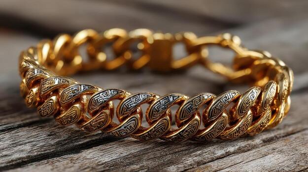 Elegant gold chain bracelet displayed on rustic wooden surface with intricate detailing and craftsmanship photo