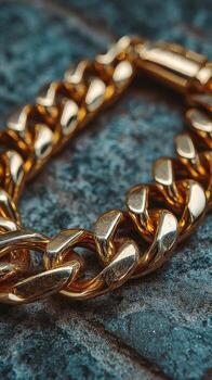 Gold chain bracelet resting on a textured surface showcasing intricate design and a shiny finish photo