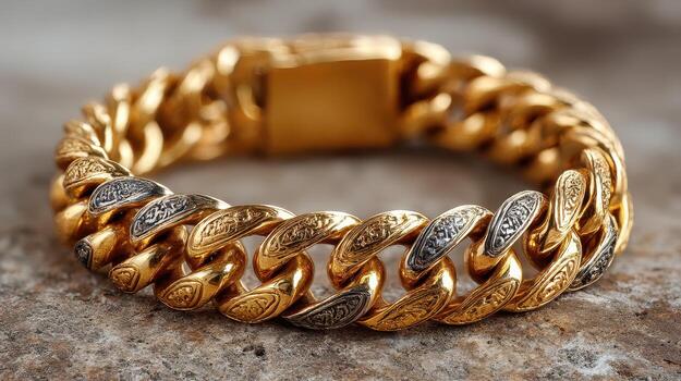 Elegant gold and silver chain bracelet with intricate detailing displayed on a textured surface photo