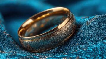 Elegant wedding ring resting on vibrant blue fabric, showcasing intricate texture and design amidst soft lighting photo