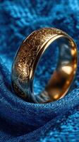 Intricate gold and silver ring resting on luxurious blue textile, showcasing detailed engravings and elegant design highlights photo