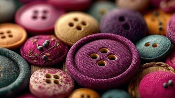 Colorful collection of fabric buttons displayed on a textured surface for crafting and sewing projects photo