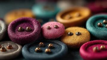 Colorful fabric buttons arranged creatively on a textured surface in a display of craftsmanship and design photo