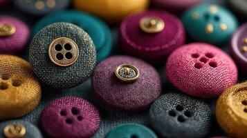 Colorful assortment of fabric buttons displayed on a textured surface during daylight photo