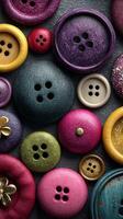 Colorful buttons arranged artistically on a dark surface showcasing various shapes and textures in a creative display photo