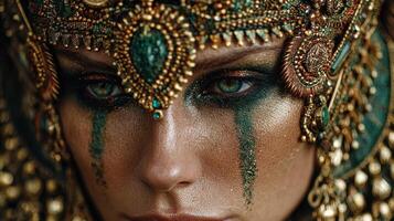 Intricately adorned woman with striking makeup and accessories captured in an artistic portrait during a ceremonial celebration photo