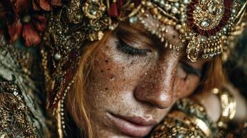 Artistic portrait of a woman adorned with intricate jewelry and floral elements, showcasing rich textures and details photo