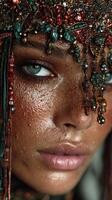 Close-up of a person adorned with intricate beads showcasing natural beauty and unique features during a creative photoshoot photo