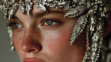 Elegant close-up of a model showcasing intricate silver headpiece with nature-inspired design in a soft light setting photo