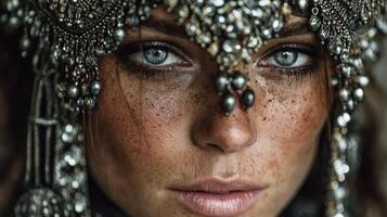 Portrait of a woman adorned with intricate jewelry and glimmering accessories highlighting her expressive eyes and freckles photo