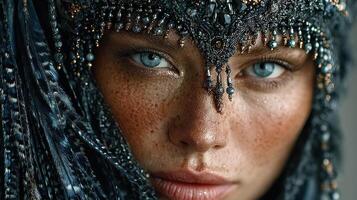 Close-up of a woman with striking blue eyes wearing intricate beadwork and a detailed headpiece in soft lighting photo