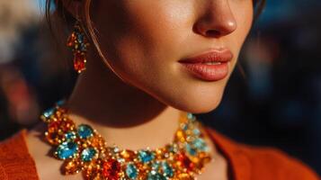 Jewelry display highlights vibrant colors and elegance during outdoor event in sunlight photo