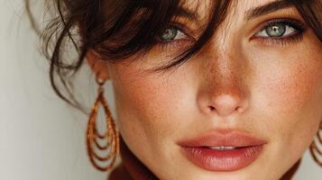 Portrait of a woman with freckled skin and striking blue eyes in soft lighting showcasing a natural beauty look photo