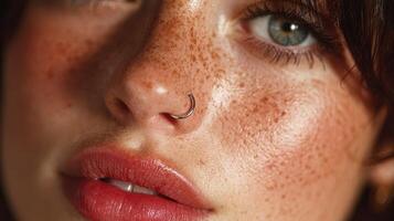 Close-up of a young woman with freckles and a nose ring showcasing natural beauty and vibrant features in soft lighting photo