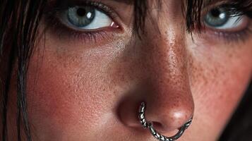 Close-up of a person showcasing striking blue eyes and a unique nose ring in an artistic portrait setting photo