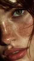 Close-up of a young person with striking freckles and a nose ring, showcasing expressive blue eyes in warm lighting photo
