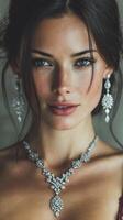 Elegant woman wears stunning silver jewelry in a close-up portrait highlighting intricate details and beauty photo