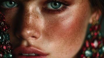 Close-up of a model showcasing vibrant earrings and striking features in a dramatic lighting setup photo
