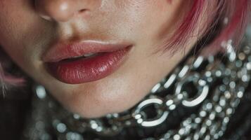Bold lips and striking chains create a captivating close-up portrait with vibrant hair and edgy accessories photo