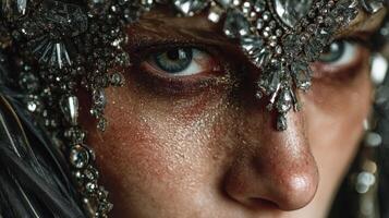 Close-up portrait of a person adorned with intricate jewelry and dramatic makeup in an artistic setting photo