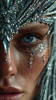 Close-up portrait of a model with intricate face jewels and dramatic eye makeup in a creative fashion setting photo