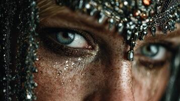 Detailed close-up of a person's eyes adorned with intricate jewelry and shimmering makeup, showcasing an artistic expression of beauty photo