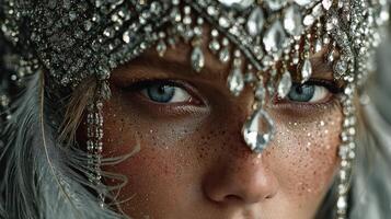 Dramatic portrait of a young model showcasing intricate jeweled headpiece and striking features in natural light photo