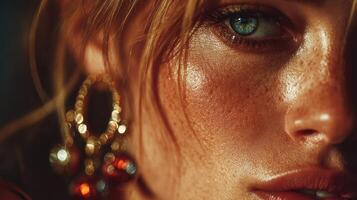 Close-up of a person showcasing mesmerizing blue eyes and radiant skin with elegant earrings, capturing a moment rich in detail photo