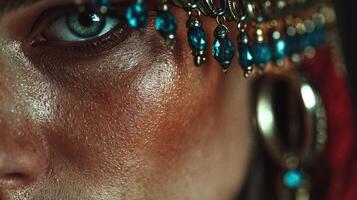 Close-up of a stunning eye adorned with decorative jewelry during a cultural celebration photo